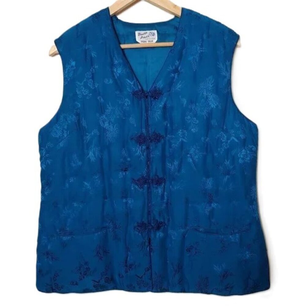 Vintage Double Horse Silk Vest Boho‎ Asian Satin Blue Size Large Floral Western